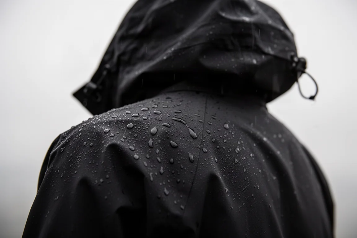 Gotas de lluvia perlándose sobre la superficie de una chaqueta impermeable negra