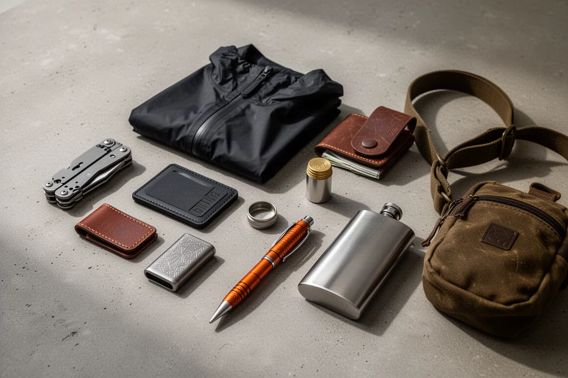 Flat-Lay mit Herbst-EDC-Accessoires, darunter Mini-Tools, Portemonnaie, Stift, Flachmann und Sling-Bag auf Beton