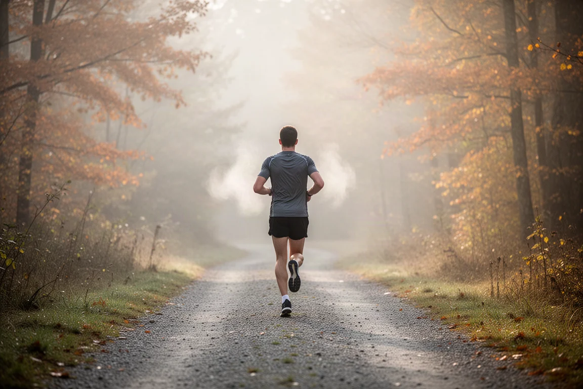 Coureur sur un sentier matinal frais avec feuillage d'automne et air vif