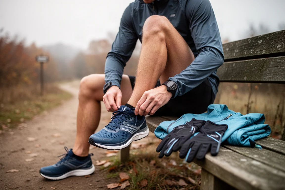 Coureur attachant ses chaussures sur un banc avec des vêtements de course superposés à côté