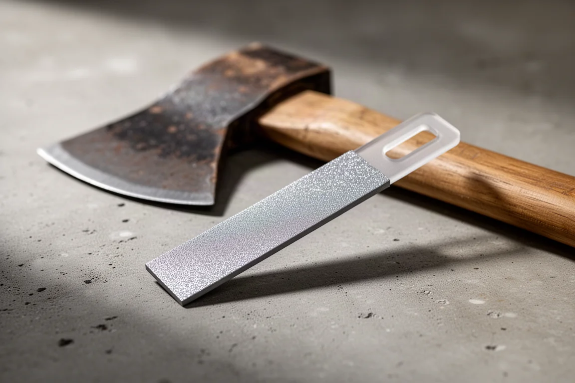 Small diamond sharpening plate lying on a concrete workshop surface beside a worn axe head