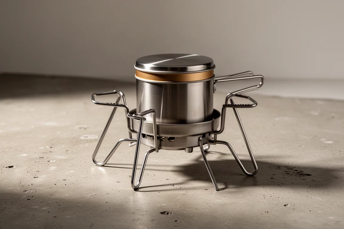 Compact alcohol stove with lid and three-legged stainless steel tripod stand on concrete