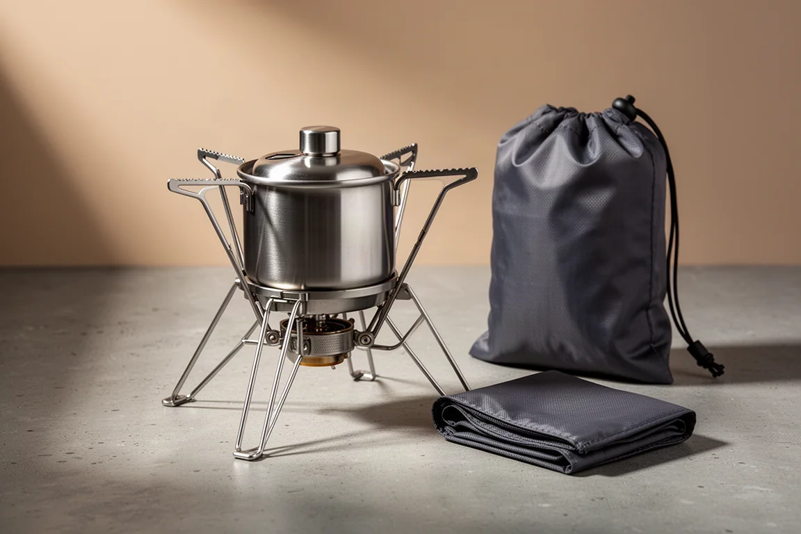 Stainless steel alcohol stove seated in a tripod stand beside a folded storage pouch