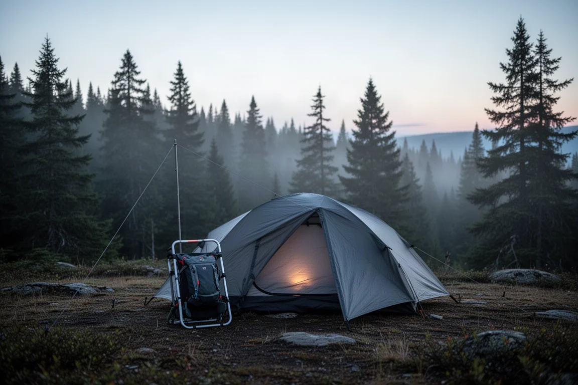 Backcountry obóz o zmierzchu z niskoprofilowym namiotem i plecakiem-nosidełkiem