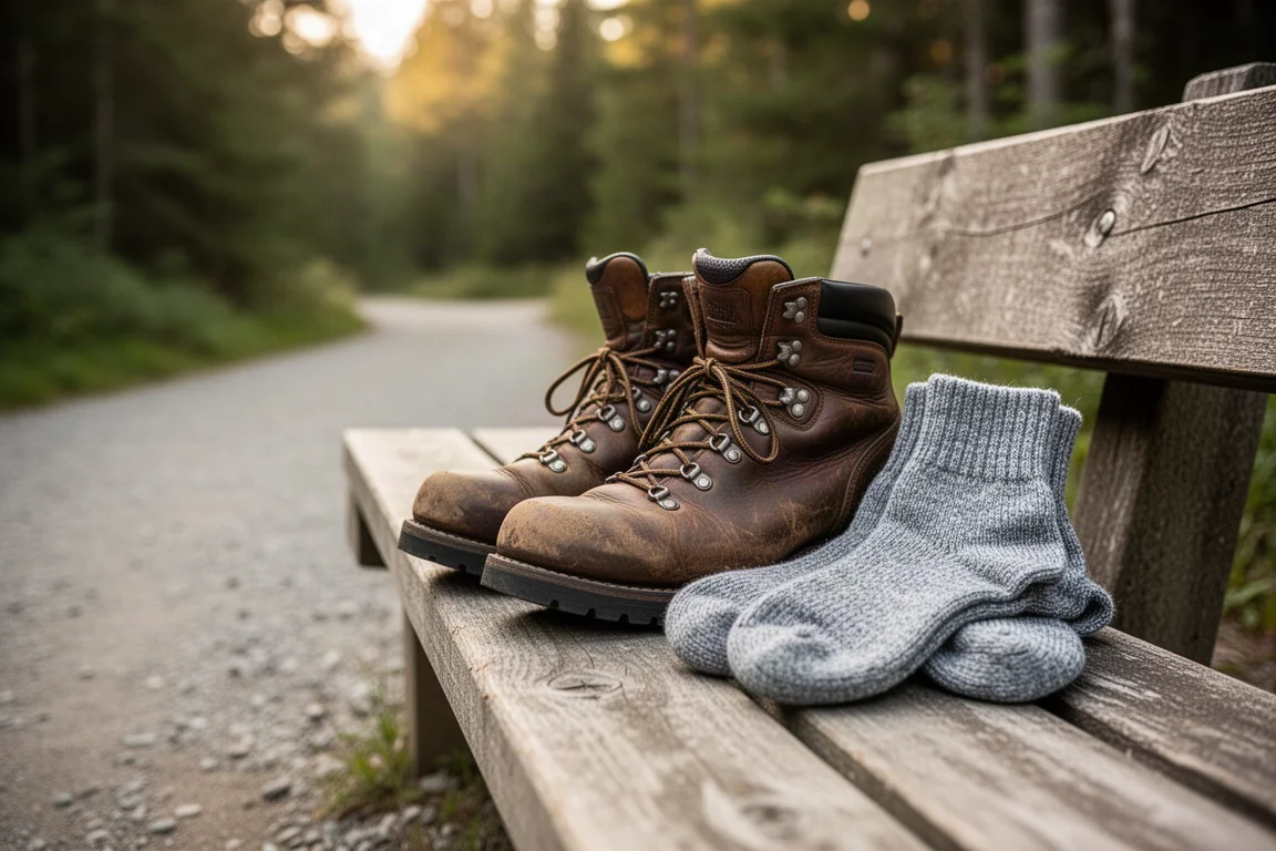 Buty trekkingowe i złożone skarpety z domieszką wełny na drewnianej ławce na szlaku
