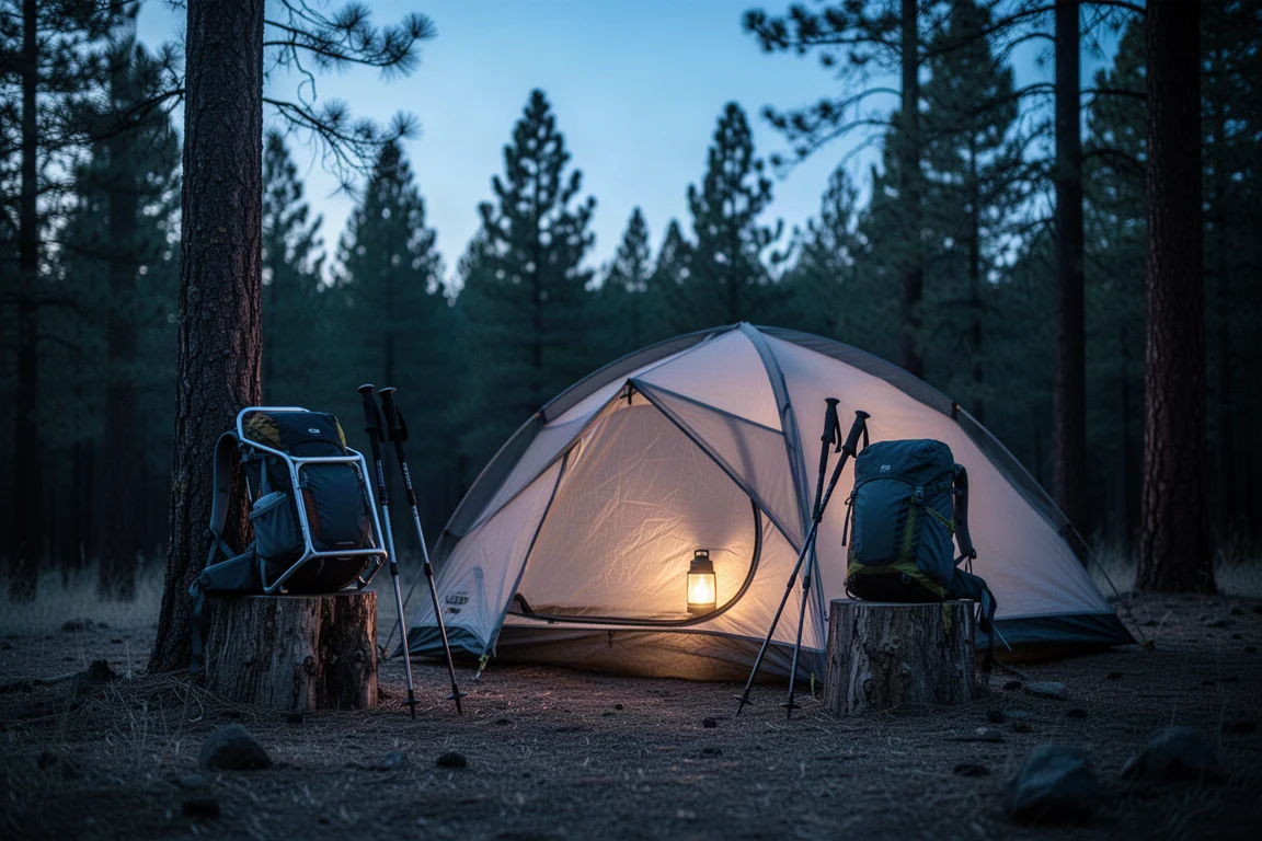 Tente ultralégère qui luit au crépuscule dans une clairière, à côté d'un sac porte-bébé