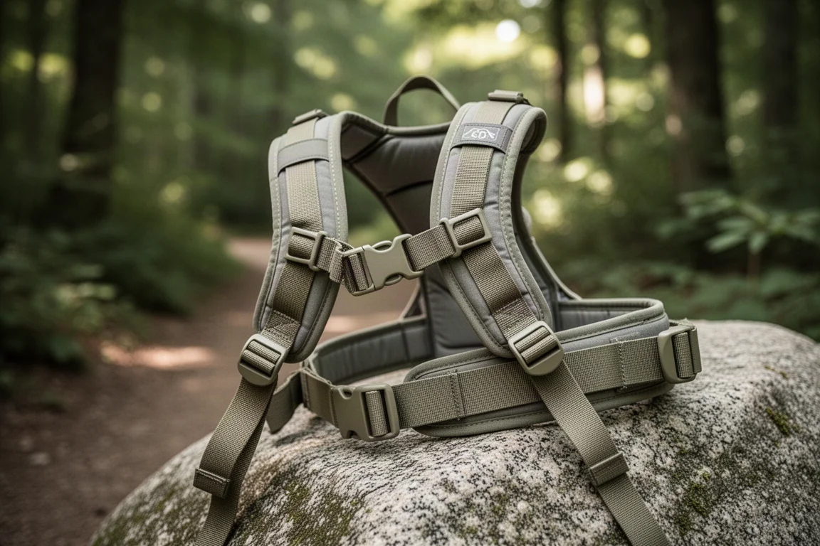 Gros plan sur la sangle d'épaule et la ceinture ventrale d'un porte-enfant à armature sur un rocher de granite