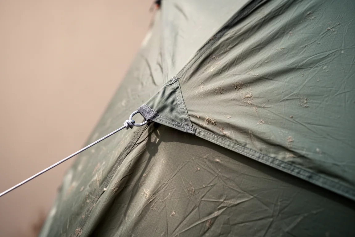 Gros plan sur le tissu usé d'une tente ultralégère avec un hauban réfléchissant à un point d'ancrage
