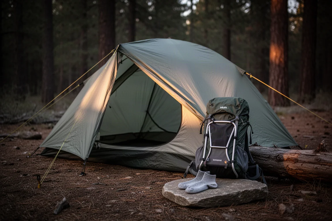 Ultralight tent at dusk with a child carrier backpack and folded merino socks nearby