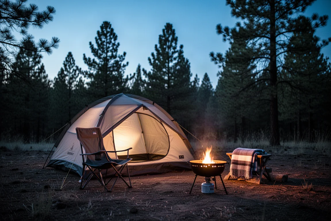 Family campsite at dusk with a glowing tent and a low camp chair beside a fire pit