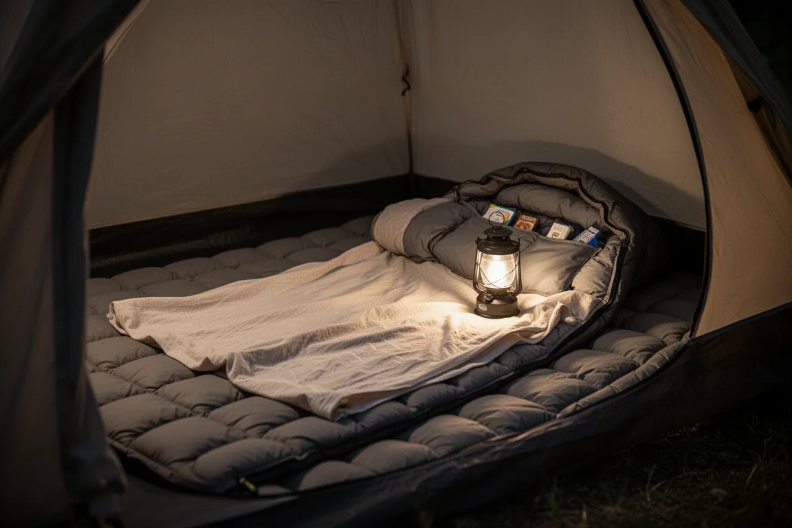 Tent interior with a thick quilted sleeping pad, sheet, and warm lantern light