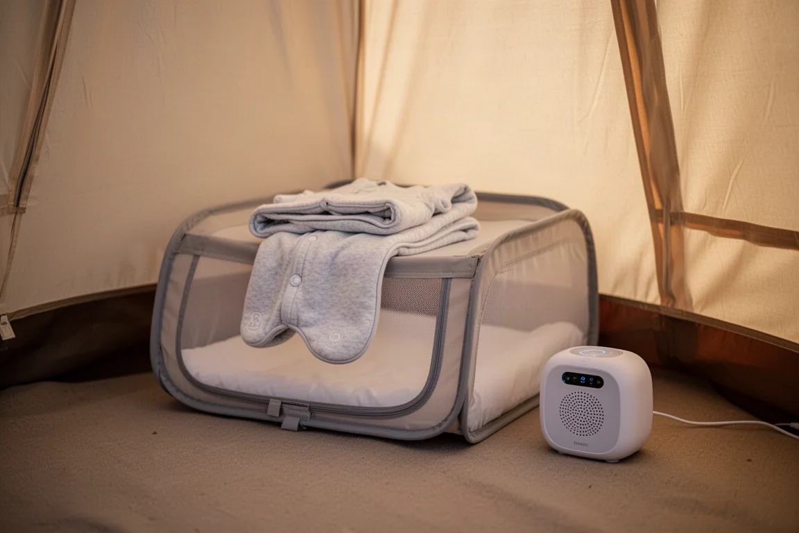 Quiet corner of a family tent with a portable baby sleep pod and folded sleep sack