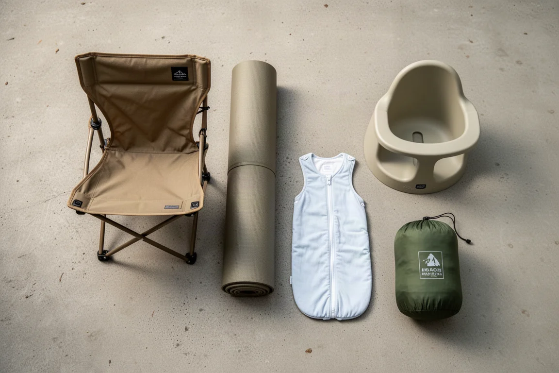 Overhead flat lay of family camping essentials spaced out on a concrete surface