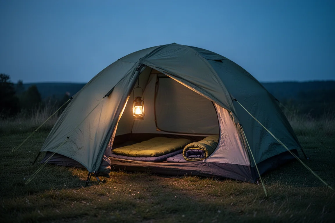 Grande tenda da famiglia al crepuscolo con luce calda di una lanterna e materassini all'interno
