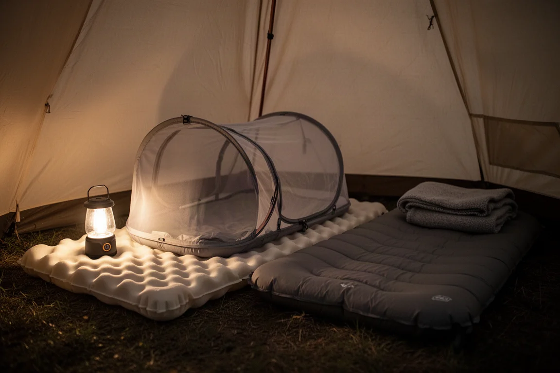 Piccolo sleep pod portatile su un materassino in schiuma dentro una tenda in penombra di notte