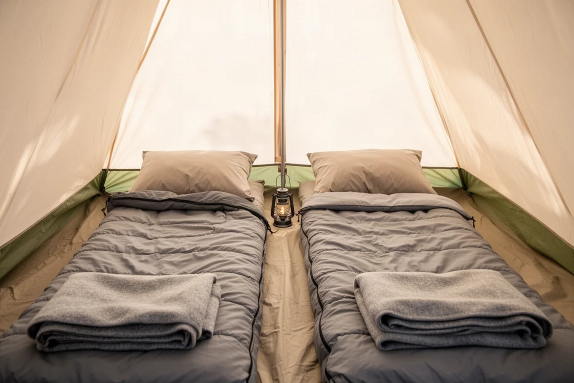 Due sacchi a pelo srotolati con cuscini uno accanto all'altro dentro una tenda nella luce del mattino