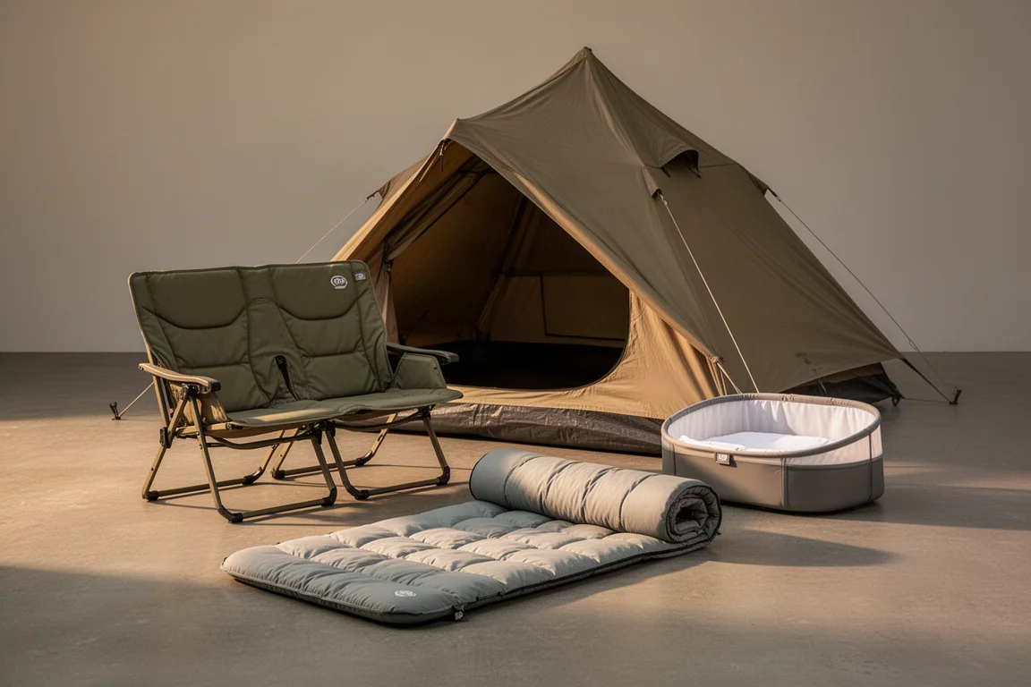 Family camping gear including a low camp loveseat, large tent, sleeping pad, and baby sleep pod