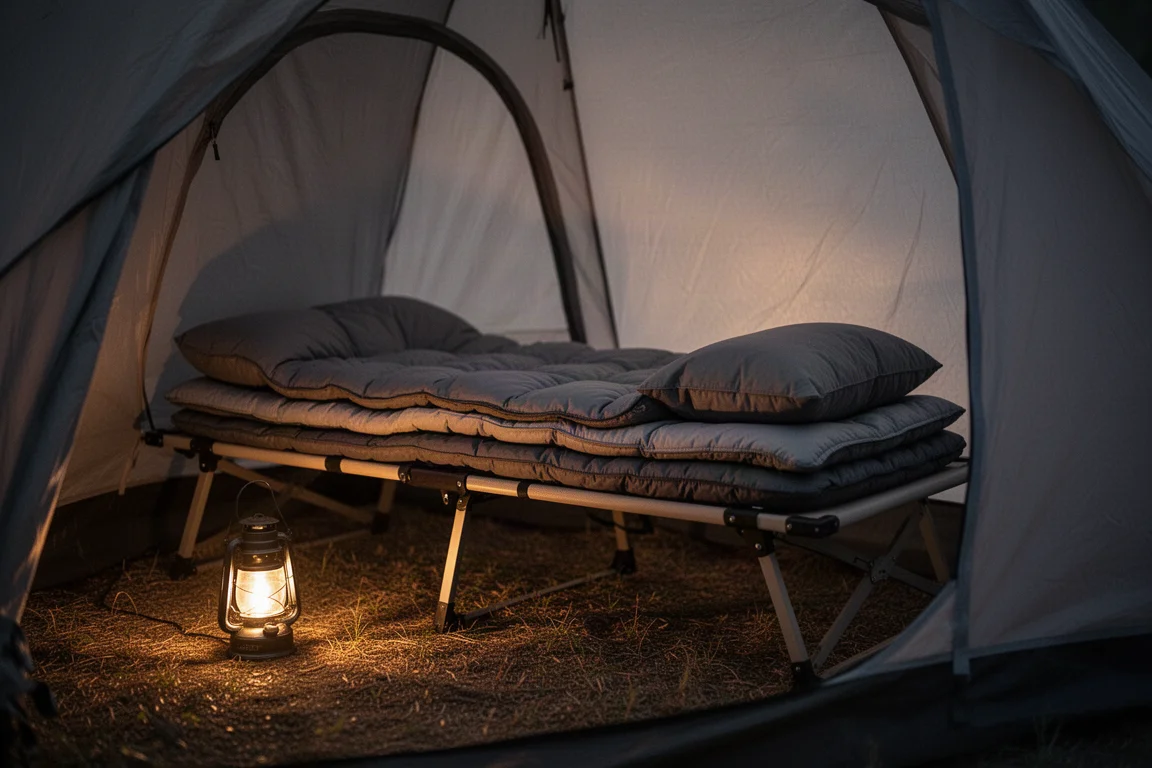 Gelaagd kampbed op een veldbed in een tent verlicht door een kleine lantaarn