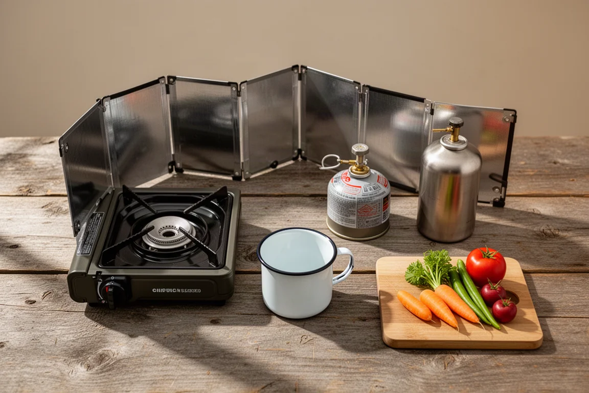 Bovenaanzicht van een camp keuken op een verweerde houten tafel