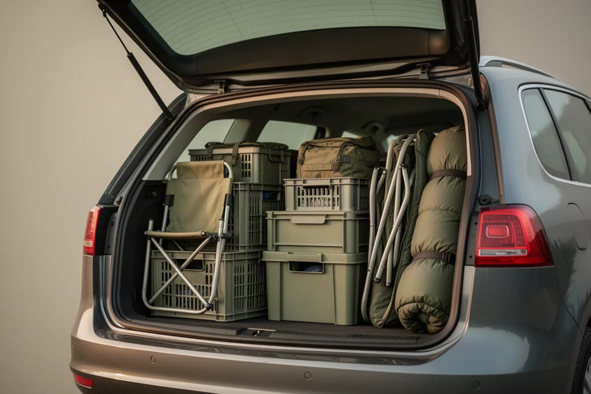 Bagagliaio dell'auto carico con casse da campeggio, sedie e sacchi a pelo pronti per un viaggio