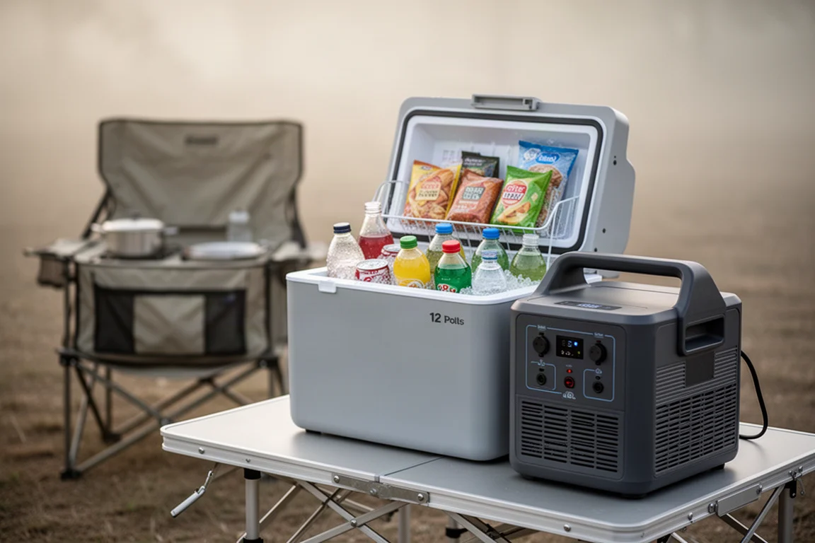 Frigorifero portatile da 12 volt su un tavolo da campeggio con cibo e bevande all'interno