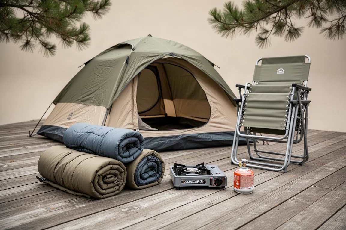 Family car camping gear arranged on wooden decking, including a tent, sleeping bags, stove and chairs