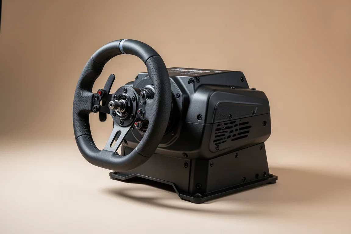 スタジオの作業台に並べられたダイレクトドライブのSIMレーシングホイールベース群