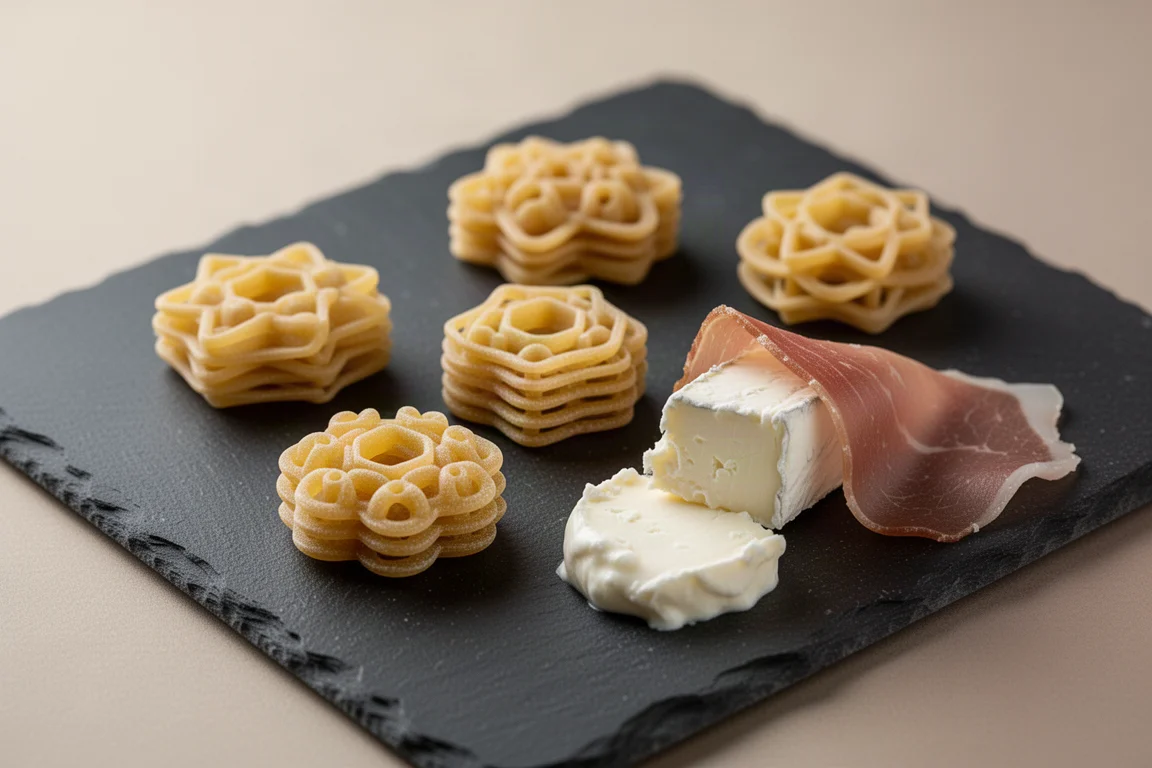 Pezzi di pasta stampata in 3D dalle forme intricate disposti su un tagliere di ardesia