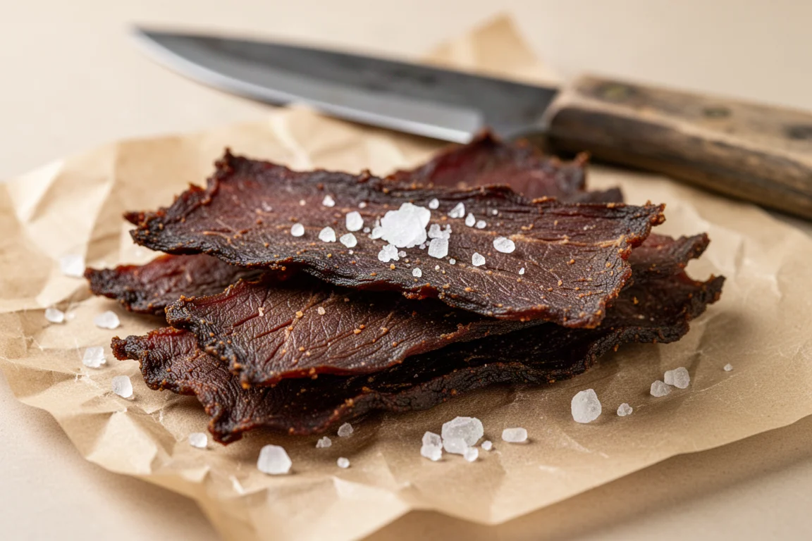 Sottili fogli croccanti di jerky di manzo scuro impilati su carta forno