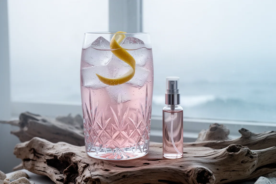 Un bicchiere di gin tonic con ghiaccio e limone accanto a un piccolo flacone spray