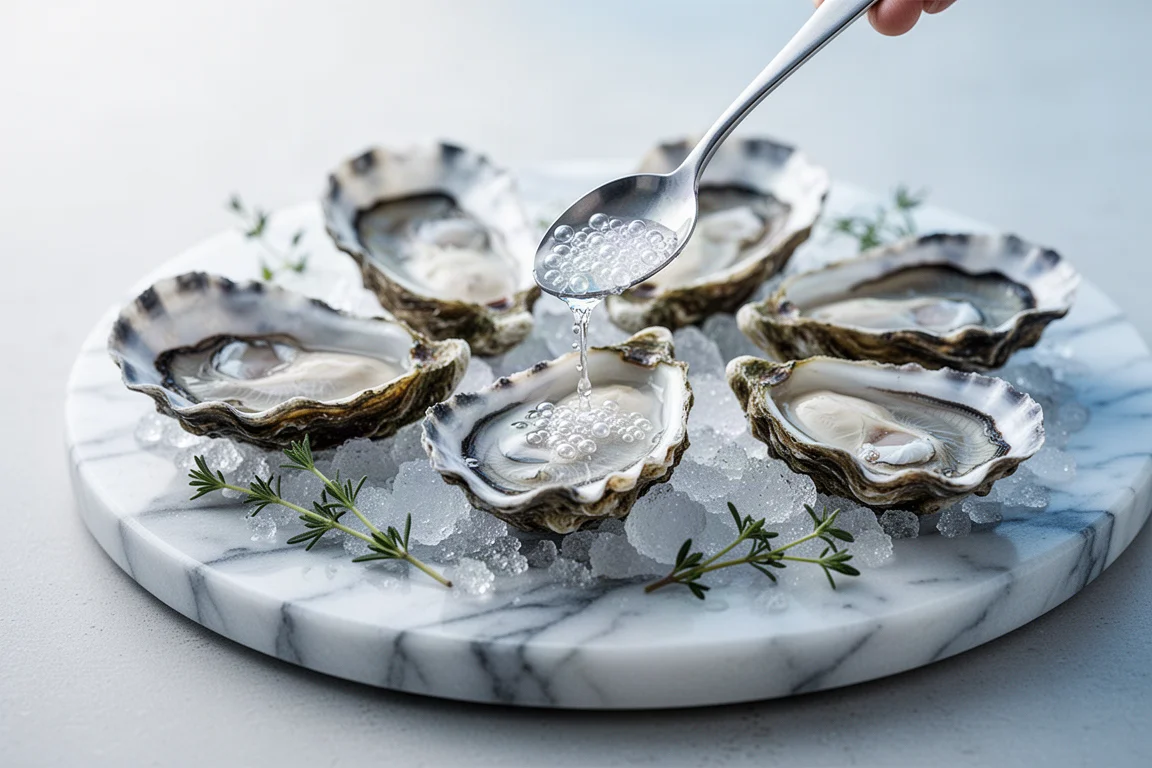 Ostriche fresche su ghiaccio con un cucchiaio di elisir di caviale trasparente e lucente