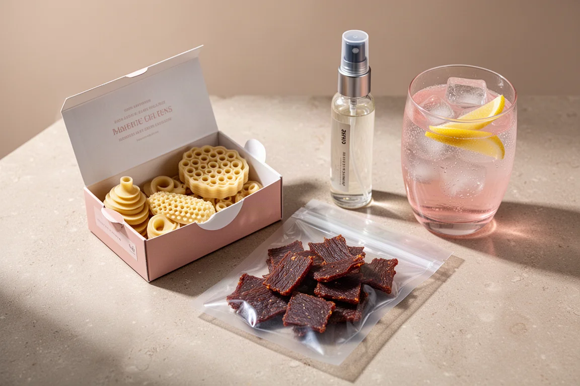 3D printed pasta, steak jerky pouch, and a gin and tonic with spray garnish on a stone countertop