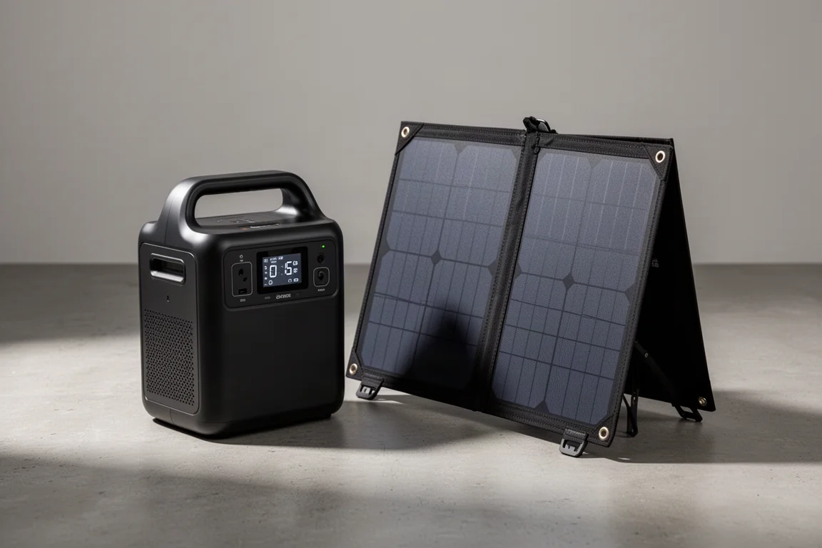 Fantic 300W power station and folded 100W solar panel on a concrete surface