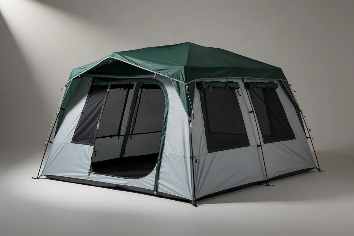 Six-person cabin-style instant tent with roof rainfly and mesh windows on a concrete surface