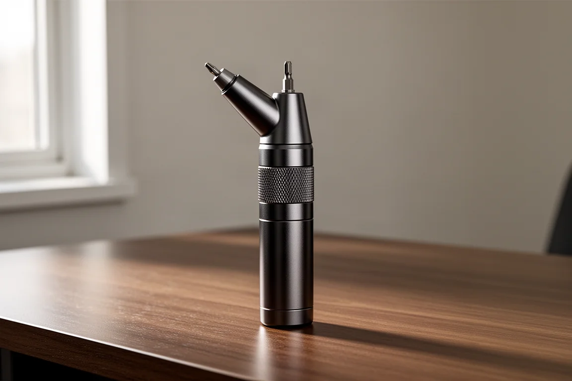Compact aluminum electric precision screwdriver standing on a brushed wood desk