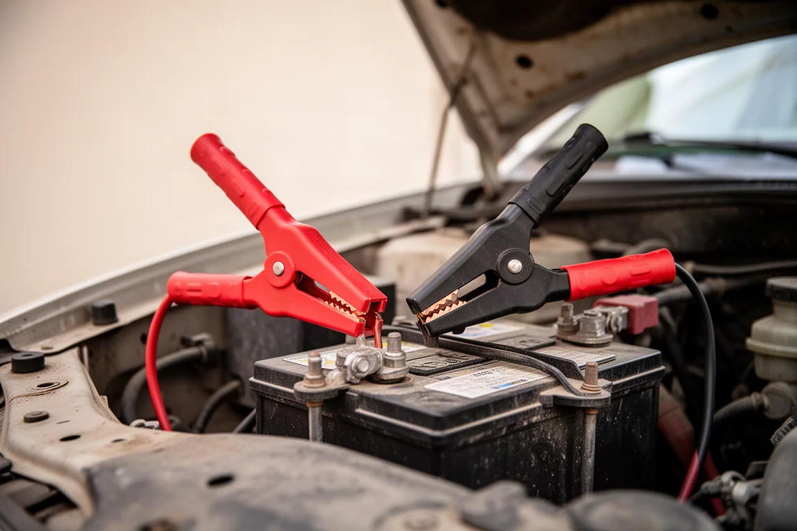 Starthilfekabel an einer Autobatterie unter geöffneter Motorhaube bei Tageslicht