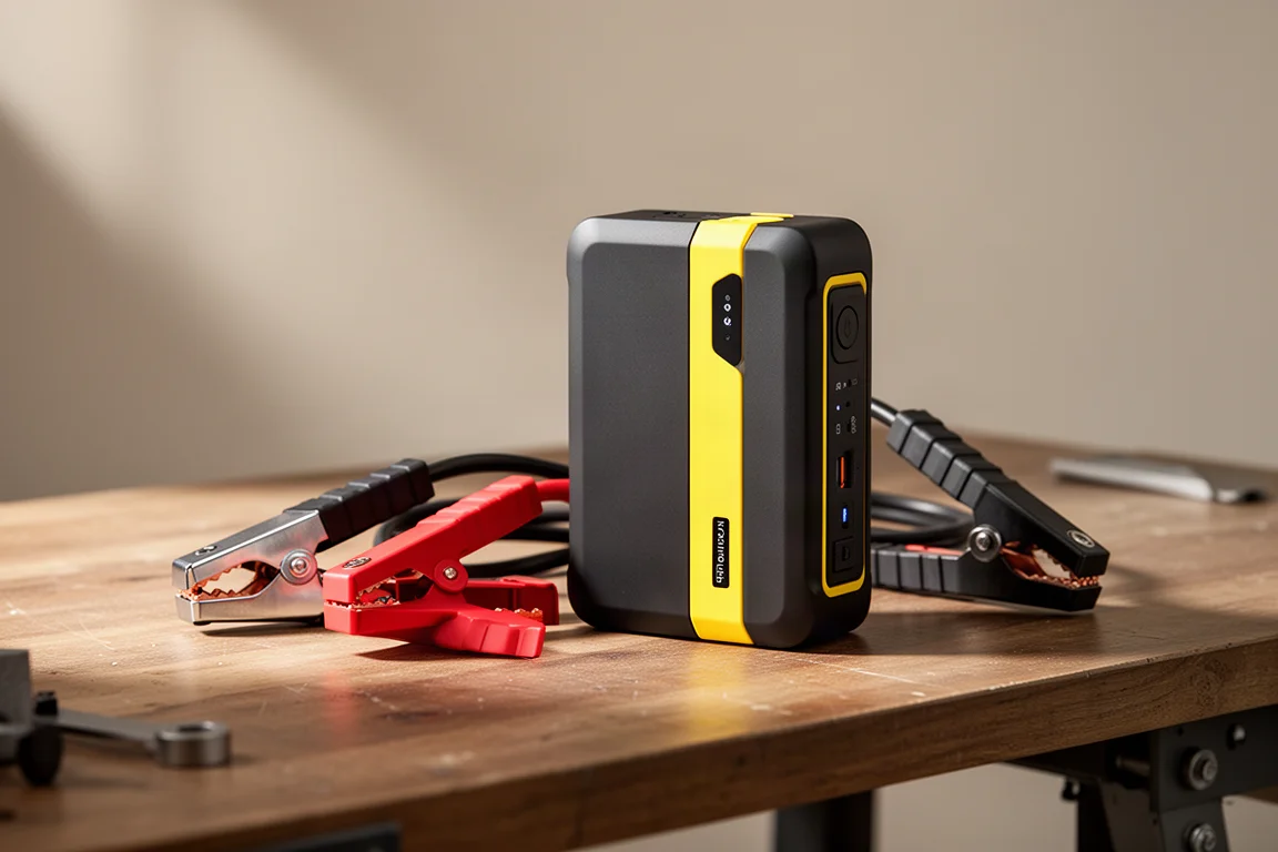 Fanttik T8 Max 3000 jump starter with jumper clamps on a wooden workbench