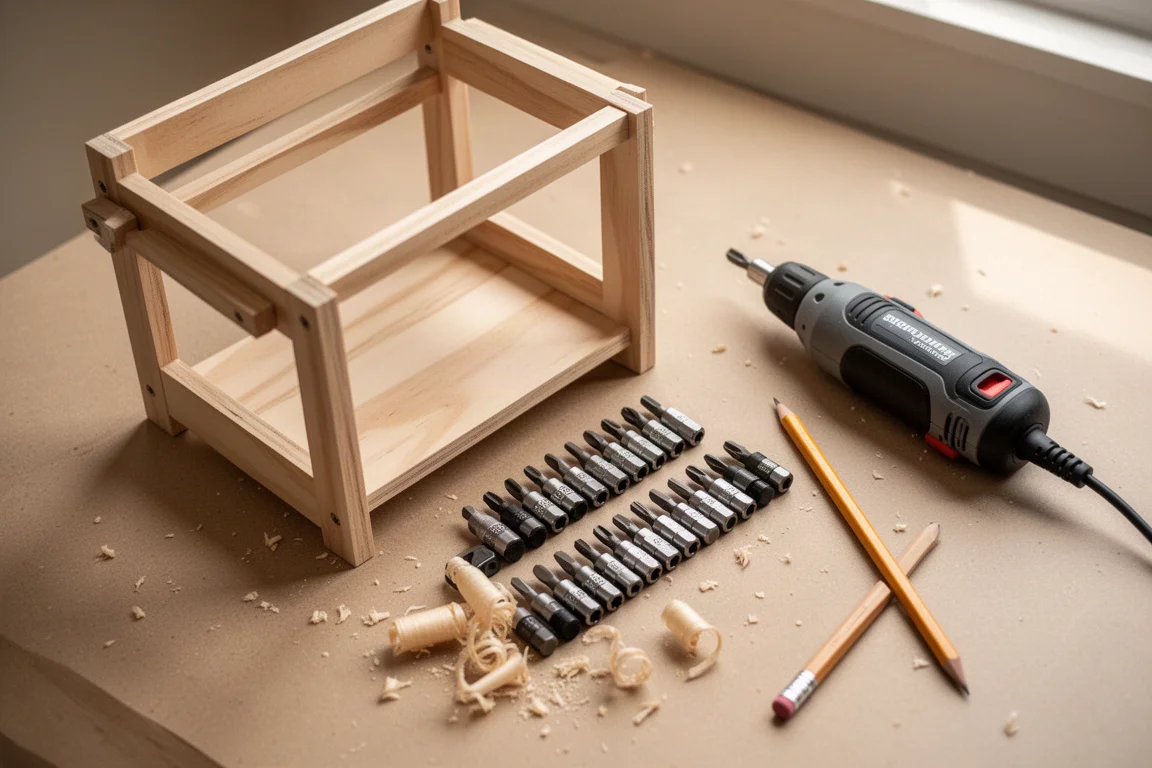 DIY workbench scene with small tools laid out beside a partially assembled project