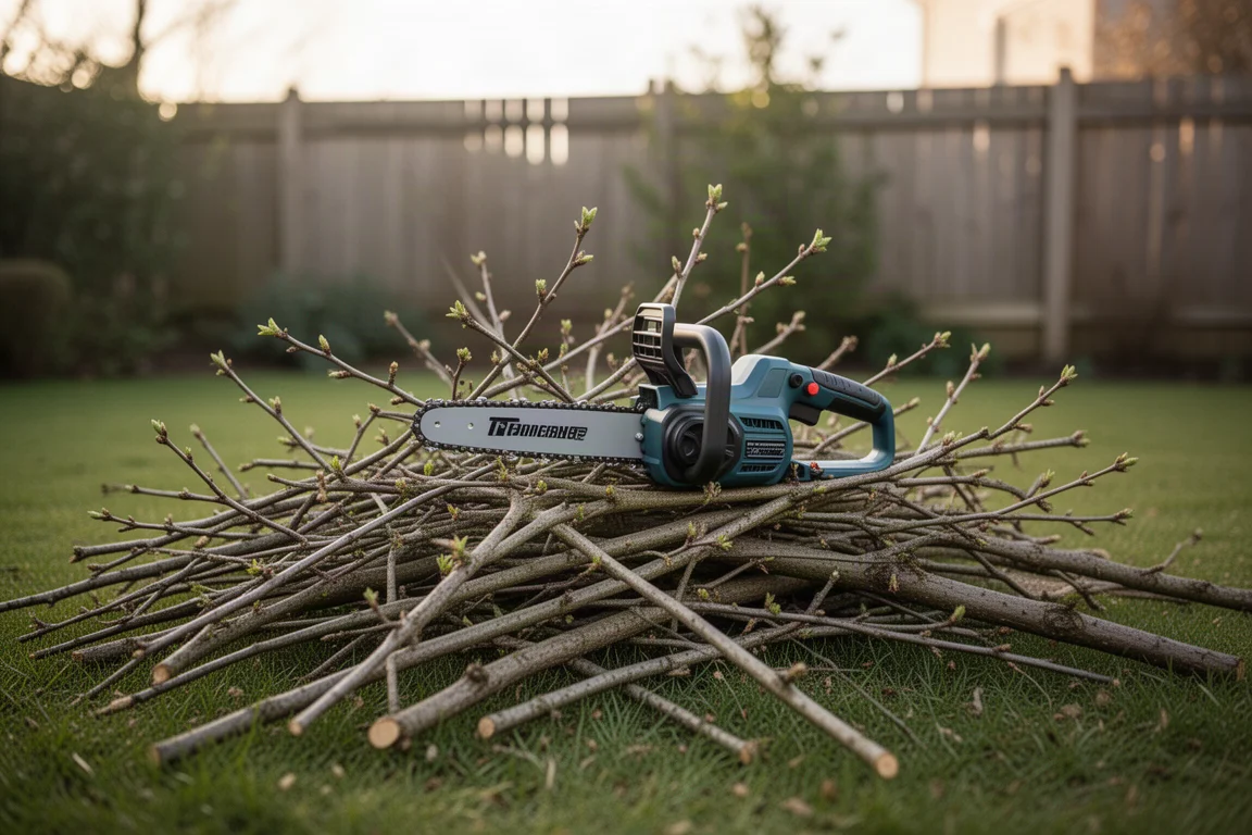 Backyard scene with a mini chainsaw resting on a freshly cut branch pile