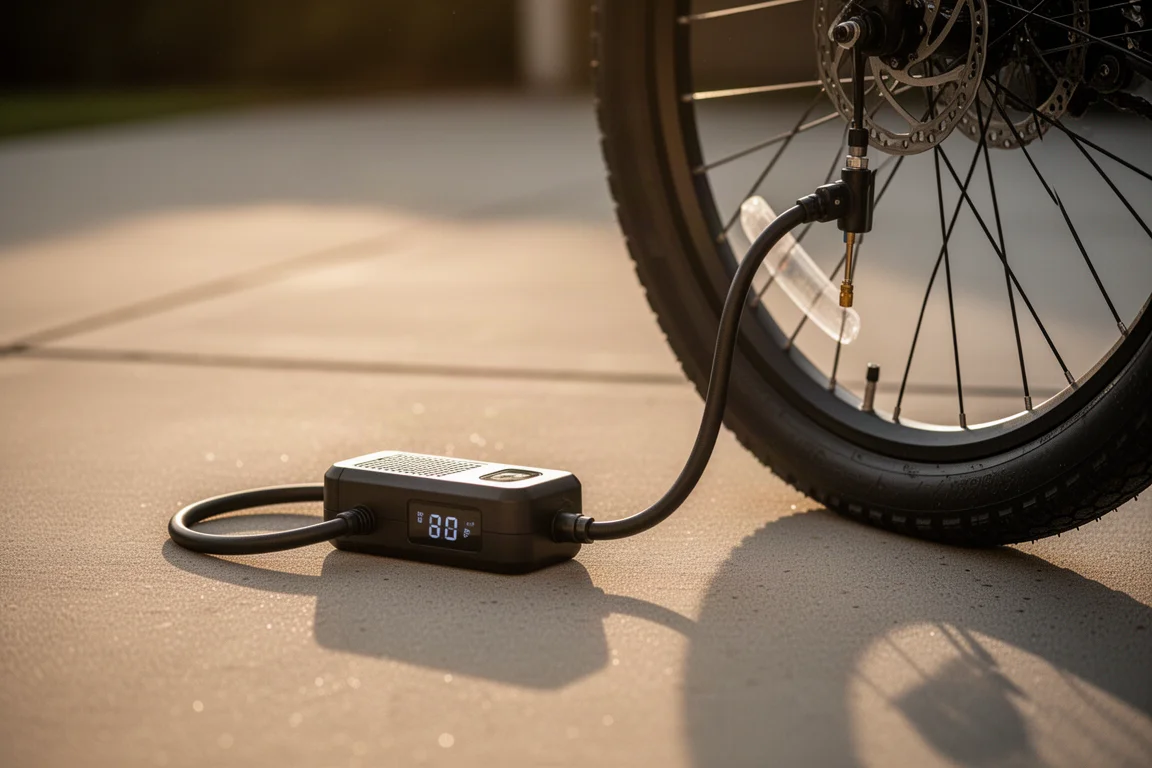 Cordless inflator topping up a bicycle tire on a driveway at golden hour