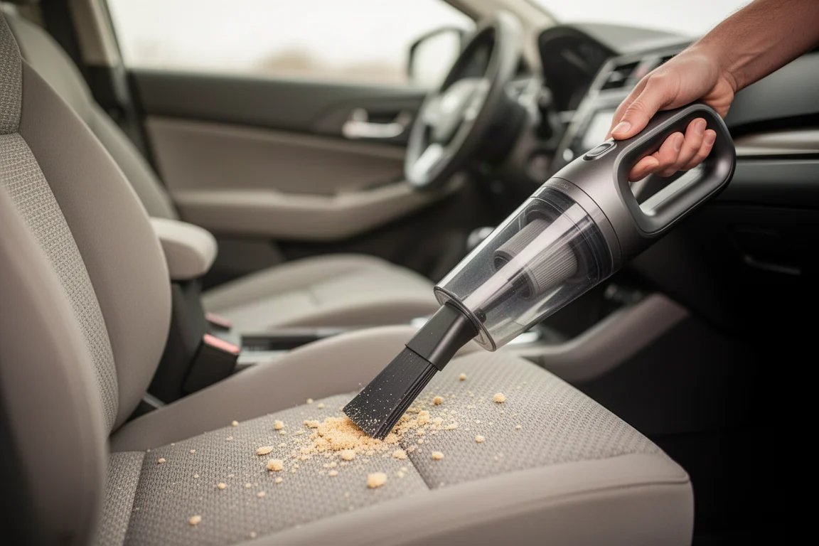 Compact stick vacuum cleaning crumbs from a car seat interior
