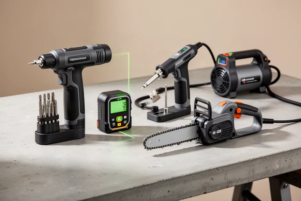 Lineup of compact Fanttik tools arranged on a concrete workbench