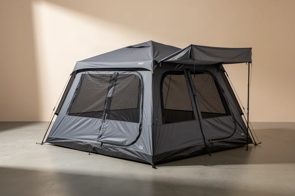 Six-person instant cabin tent with partial rainfly on a concrete surface