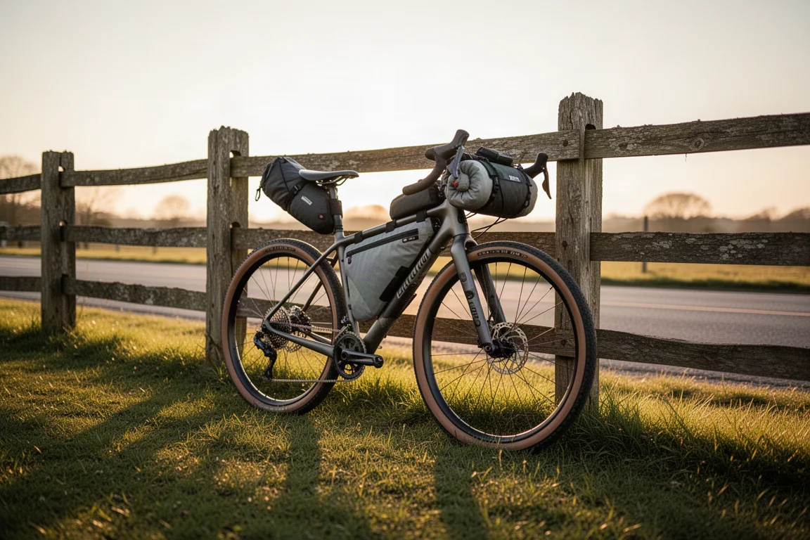 Zestaw bikepackingowy na wiejskiej drodze z załadowaną torbą na ramę i torbą podsiodłową