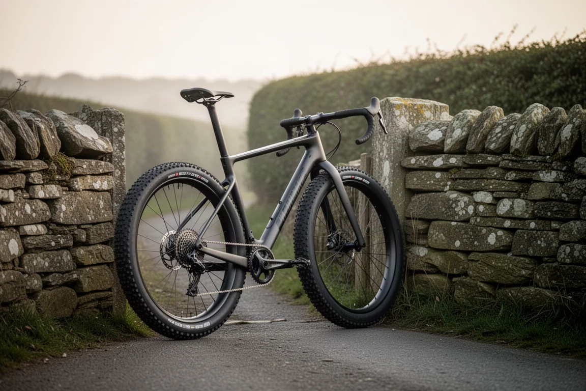 Gravel cyclist riding a wide-tire bike along a dusty hardpack track in morning light