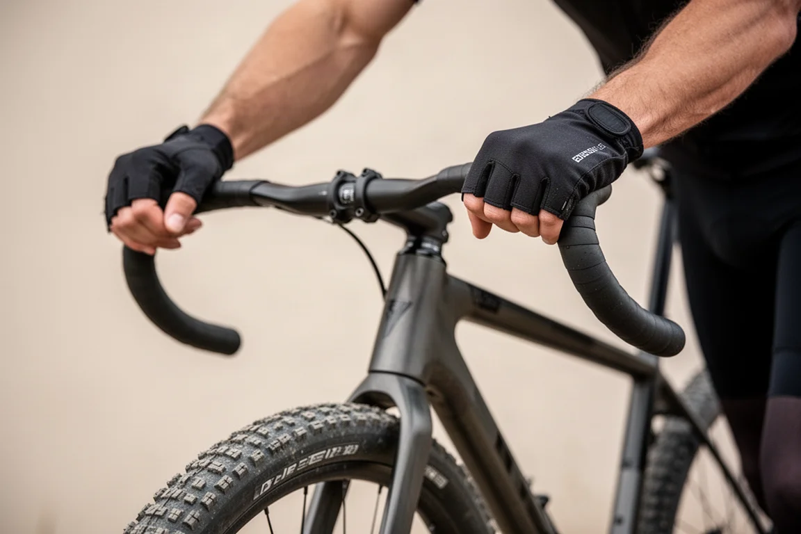 Close-up of a flared drop handlebar with downward-bent tops and small mounting brackets