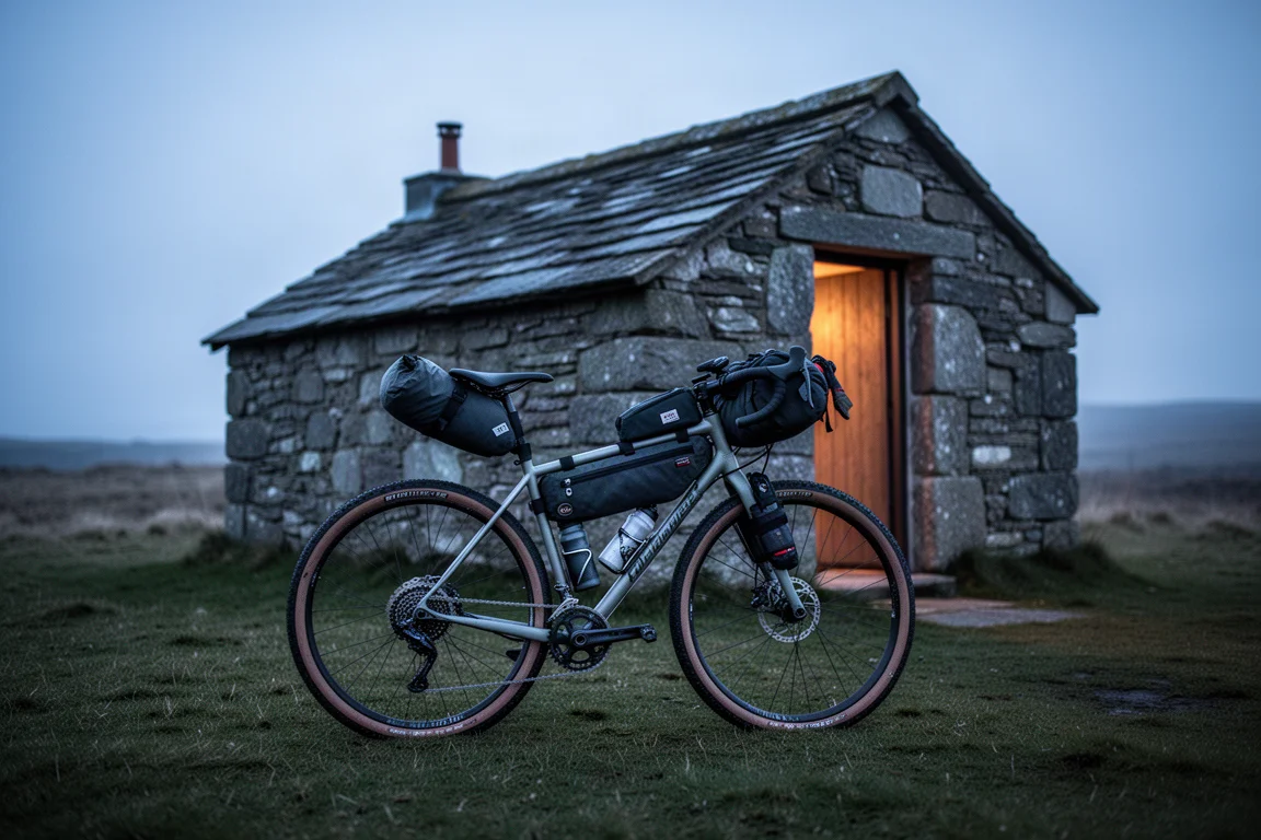 Gravel bike loaded with bikepacking bags beside a remote trail at sunrise
