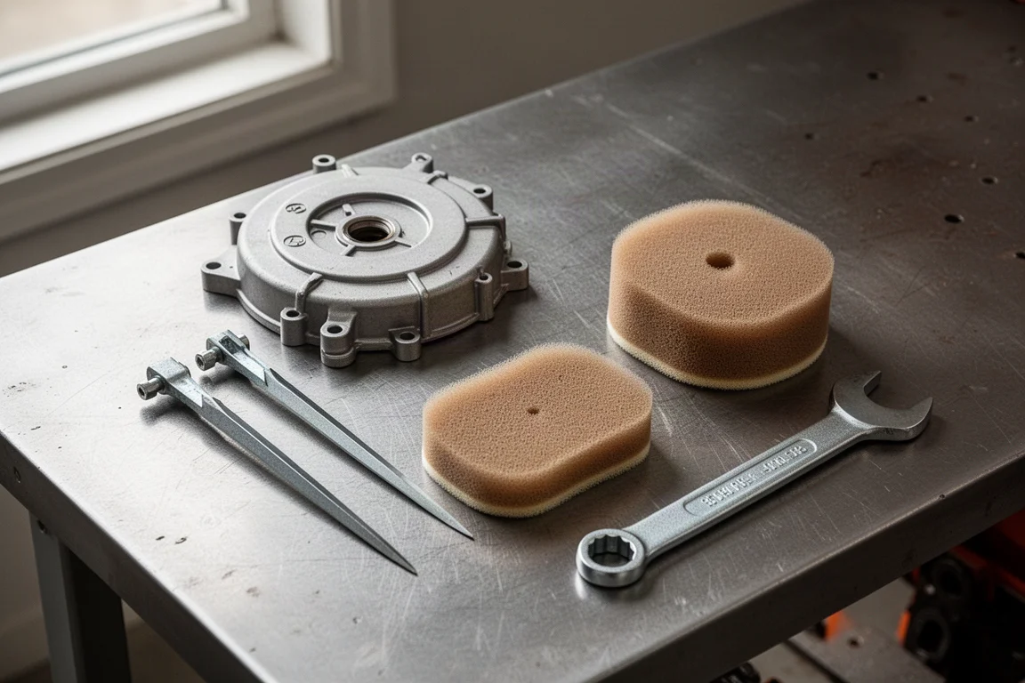 Carter moteur et filtre à air d'une tronçonneuse montrant les détails de fabrication