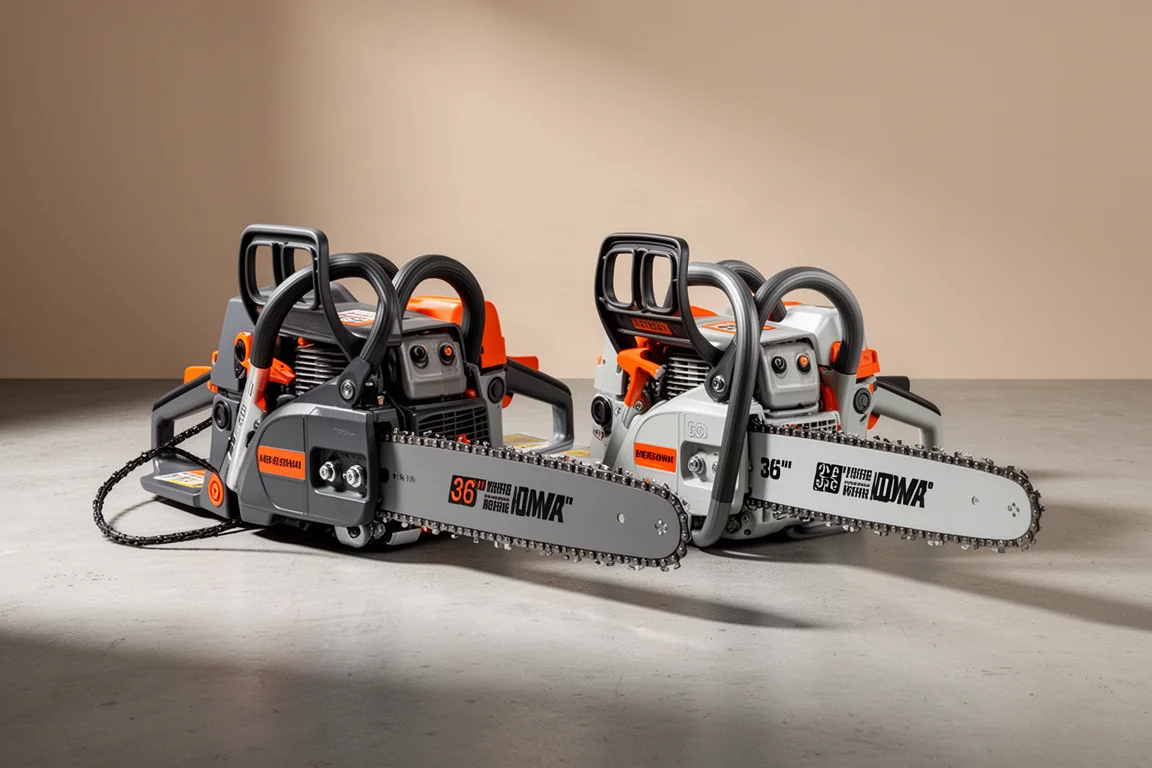 Two large gas chainsaws with long guide bars side by side on a concrete surface
