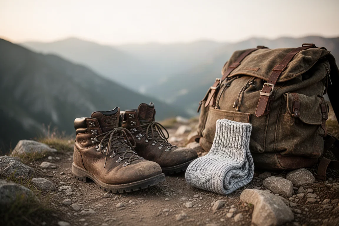 Senderista descansando en un sendero rocoso con botas y calcetines enrollados junto a una mochila